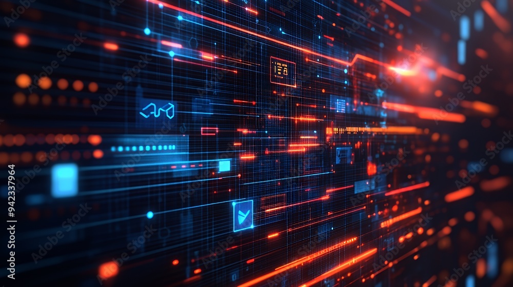 Abstract digital background with glowing lines and icons representing technology and data flow. Abstract digital background with glowing lines and icons representing technology and data flow.
