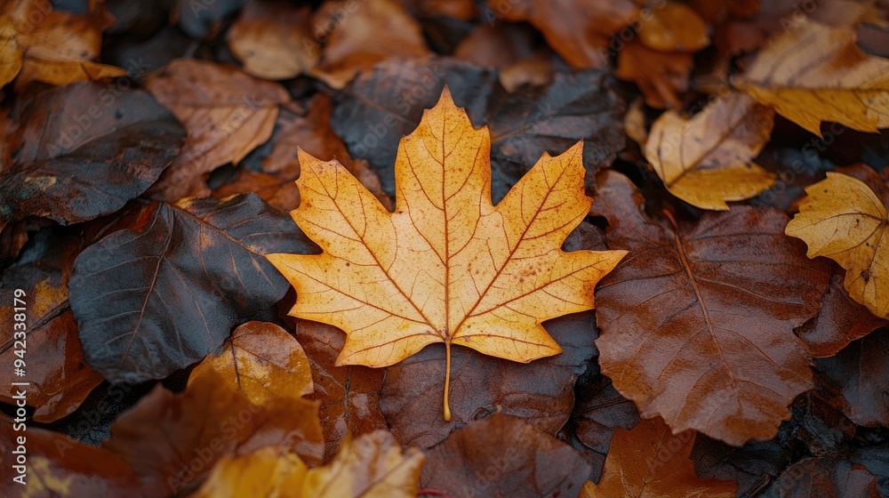 A close-up of a single maple leaf with intricate veins, surrounded by other fallen leaves in autumn hues, perfect for seasonal themes with space for text. A close-up of a single maple leaf with intricate veins, surrounded by other fallen leaves in autumn hues, perfect for seasonal themes with space for text.