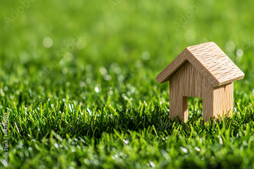 Wooden house model on green grass, symbolizing real estate, home ownership, or investment in eco-friendly housing solutions.