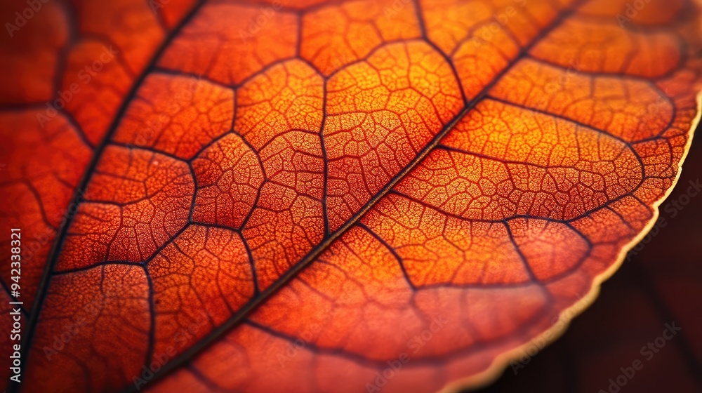 Fototapeta premium A close-up of a single, vibrant autumn leaf with intricate details and rich colors, perfect for seasonal themes with ample copy space.