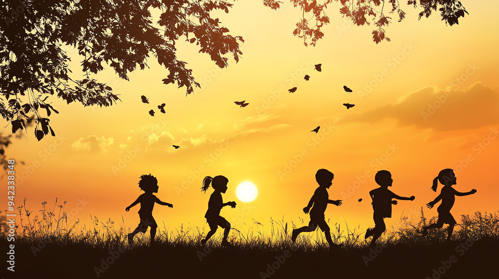 A joyful group of children running in silhouette against a vibrant sunset, capturing the essence of freedom and happiness in nature. A joyful group of children running in silhouette against a vibrant sunset, capturing the essence of freedom and happiness in nature.