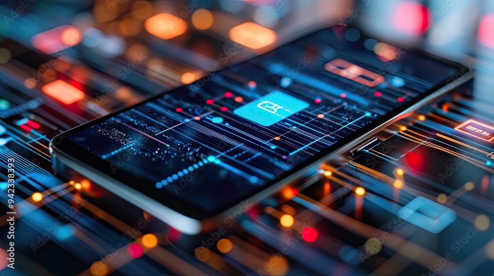 A close-up of a smartphone displaying IoT applications, surrounded by digital data lines representing connectivity. A close-up of a smartphone displaying IoT applications, surrounded by digital data lines representing connectivity.