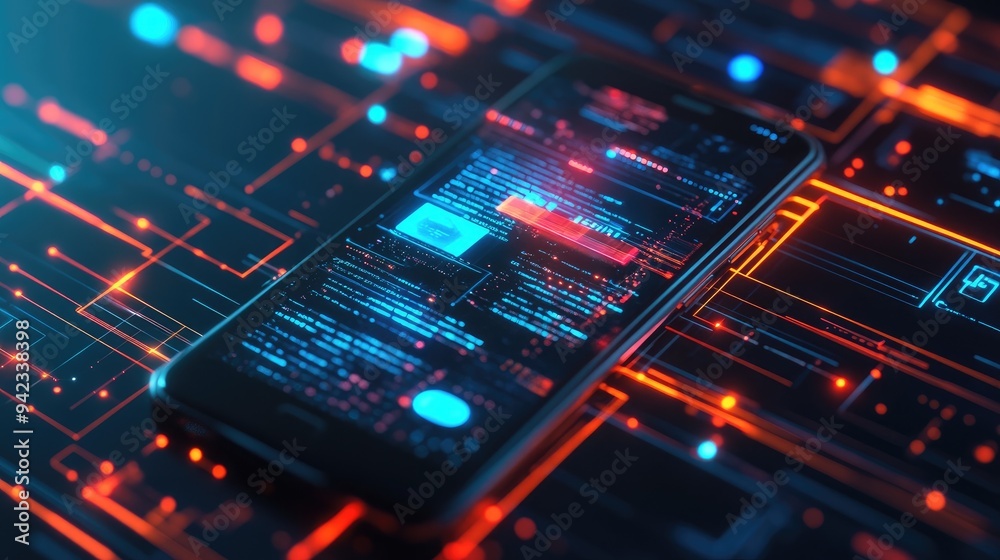 A close-up of a smartphone displaying IoT applications, surrounded by digital data lines representing connectivity. A close-up of a smartphone displaying IoT applications, surrounded by digital data lines representing connectivity.