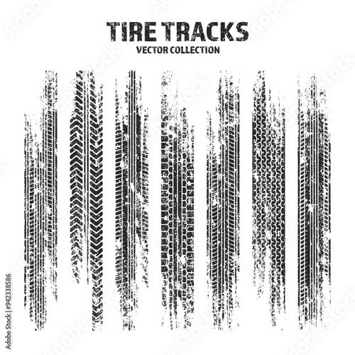 Grunge tire tracks, wheel braking marks. Truck, car or motorcycle tread pattern silhouettes. Auto race, motorsport, speed racing design element. Vector illustration