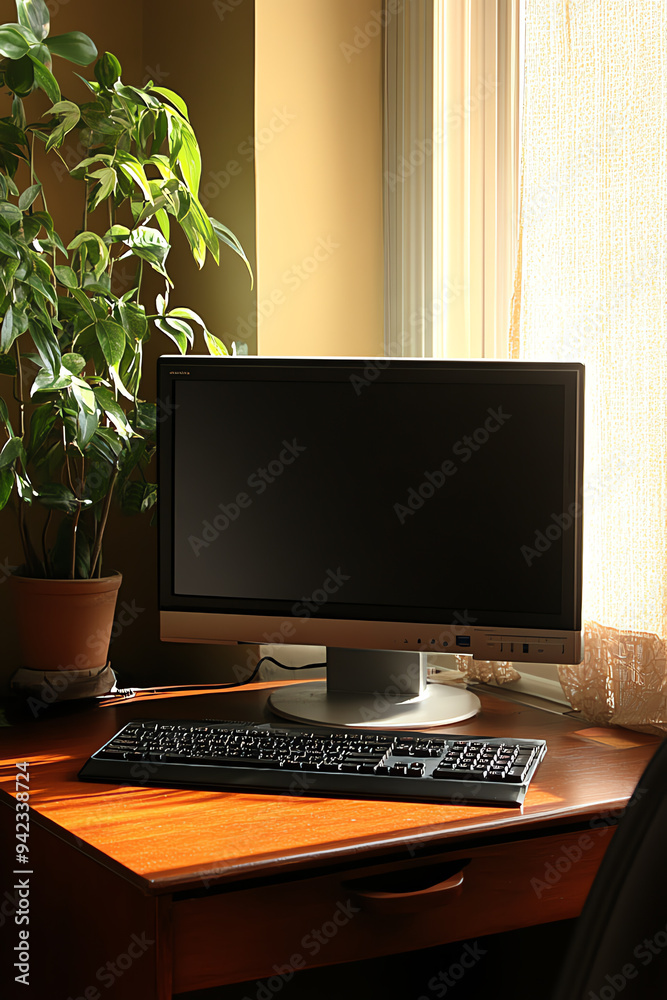 A home office setup with a desktop computer on a wooden desk next to a window with natural light and a potted plant for a serene workspace. A home office setup with a desktop computer on a wooden desk next to a window with natural light and a potted plant for a serene workspace.