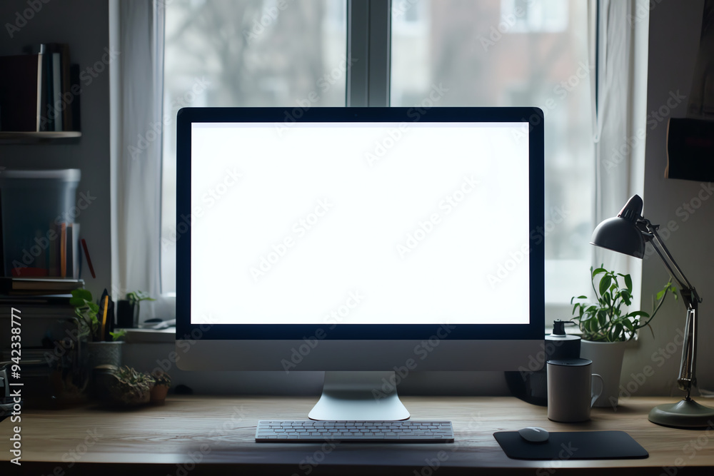 A minimalist home office setup with a large monitor, keyboard, and desk lamp by the window. Ideal for work from home presentations and focused tasks. A minimalist home office setup with a large monitor, keyboard, and desk lamp by the window. Ideal for work from home presentations and focused tasks.