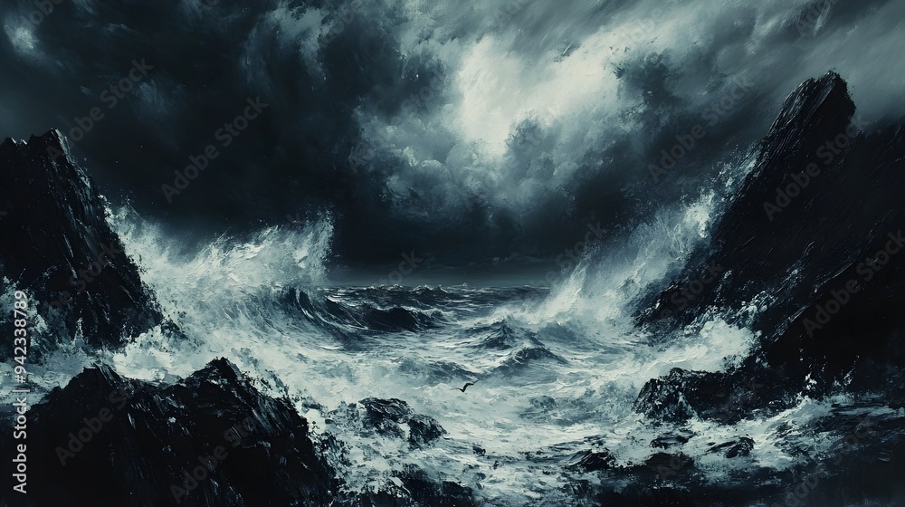 Obraz premium A dark seascape with violent waves pounding against jagged rocks, rendered in bold oil paint strokes, hand brush technique capturing the fury of the storm, dramatic and intense