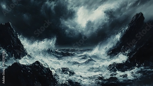 A dark seascape with violent waves pounding against jagged rocks, rendered in bold oil paint strokes, hand brush technique capturing the fury of the storm, dramatic and intense