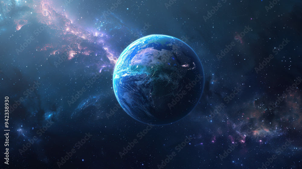 Obraz premium earth and stars space wallpapers, in the style of serenity and harmony, digital airbrushing, spacepunk, unearthly, firecore, pictorial space