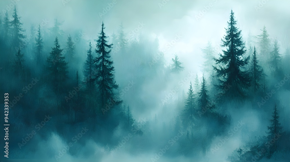 Mysterious forest, towering trees in mist, deep greens and blues, oil painting style, hand brush strokes creating depth and intrigue Mysterious forest, towering trees in mist, deep greens and blues, oil painting style, hand brush strokes creating depth and intrigue