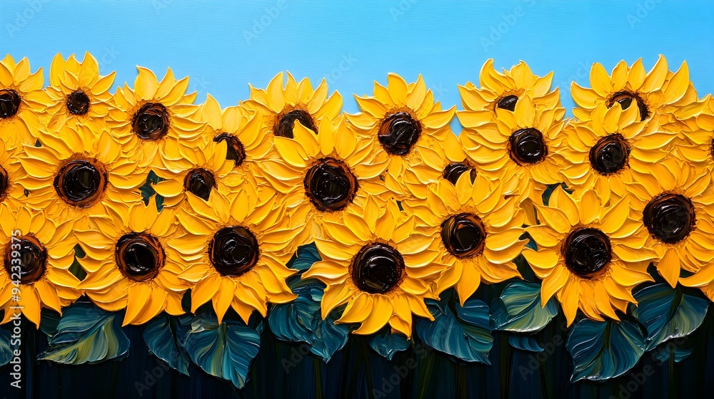 Naklejka premium Field of sunflowers moving in the wind, oil on canvas, thick, textured brushstrokes, vibrant yellow petals, blue sky, traditional style, hand brush painting