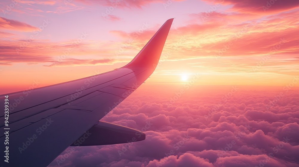 A close-up of an airplane wing against the backdrop of a vibrant sunset, with soft clouds below. Ideal for travel and airline advertisements with copy space. A close-up of an airplane wing against the backdrop of a vibrant sunset, with soft clouds below. Ideal for travel and airline advertisements with copy space.