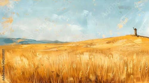 Golden wheat fields with a windmill in the distance, soft, textured brushstrokes give the scene a nostalgic feel + oil painting style, hand brush touch photo