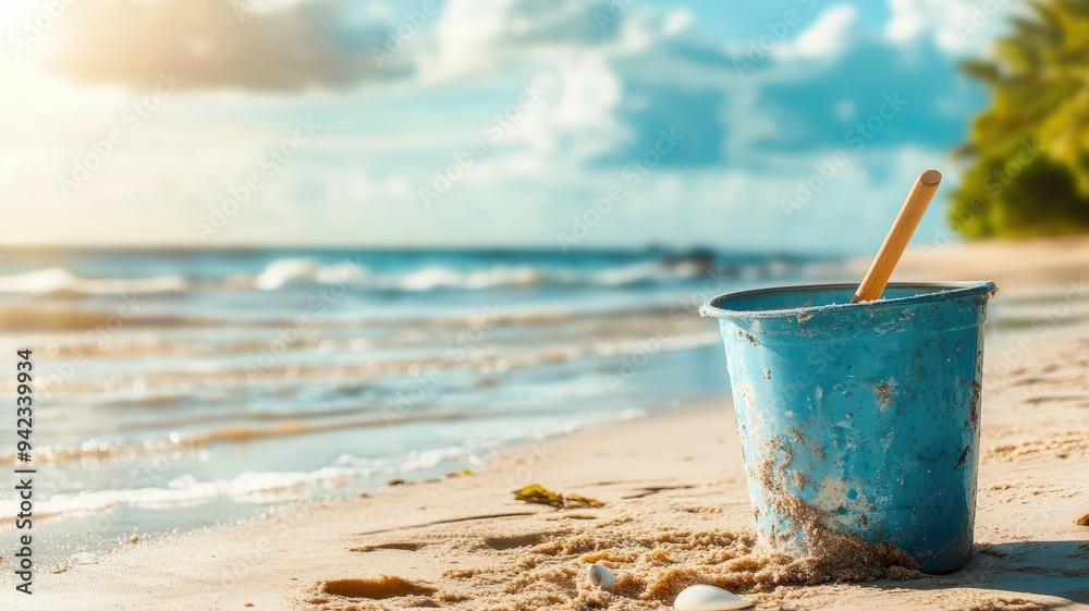 Blue bucket on sandy beach near ocean with bright sky Blue bucket on sandy beach near ocean with bright sky