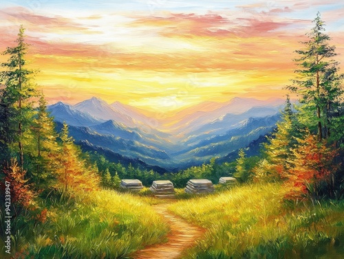 Vibrant Sunset Over Mountain Valley with Colorful Sky, Lush Green Meadow, Pine Trees, and Tents - Stunning Nature Landscape Painting