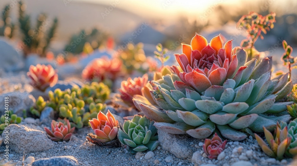 Fototapeta premium A close-up of desert flora, such as succulents and cacti, against a backdrop of sun-baked sand and clear, bright sky.