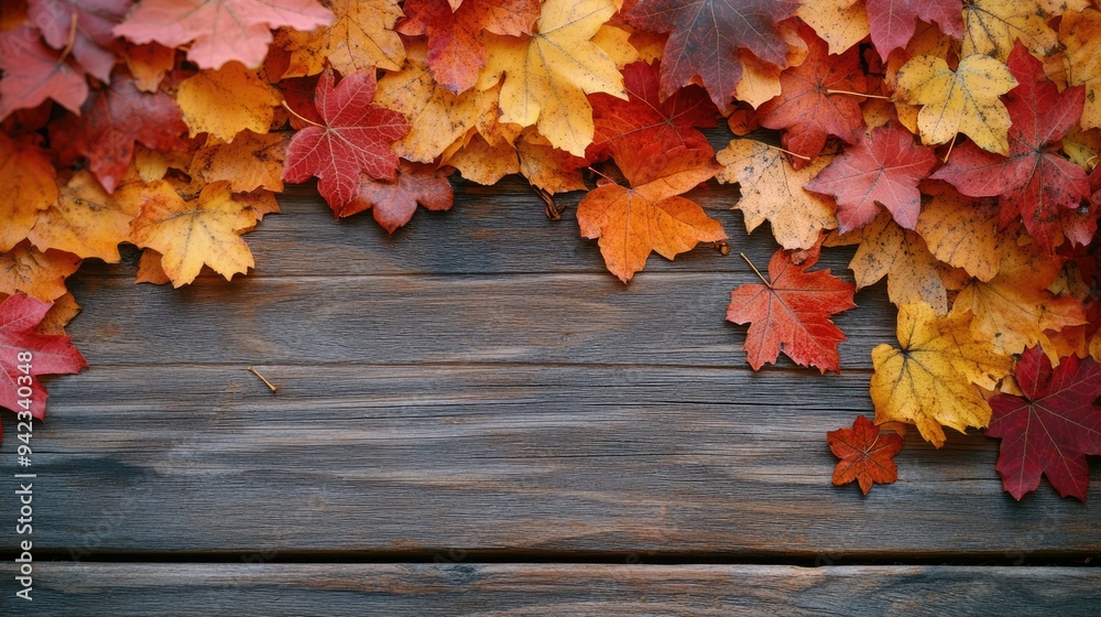 A close-up of fallen autumn leaves on a wooden surface, showcasing the textures and colors of fall with space for text. A close-up of fallen autumn leaves on a wooden surface, showcasing the textures and colors of fall with space for text.