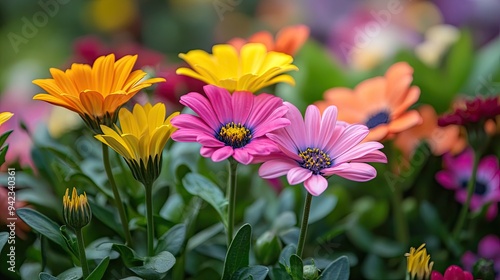 A close-up of flowers in a garden, with their bright, vivid colors standing out against the green leaves and stems.