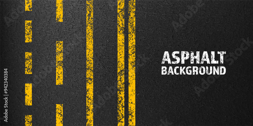 Asphalt road with yellow cracked lane marking, concrete highway surface, texture. Street traffic line, road dividing strip. Pattern with grainy structure, grunge stone background. Vector illustration