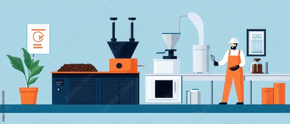 Fototapeta premium A modern coffee roasting workspace featuring equipment, beans, and a worker. Ideal for coffee-related projects and marketing materials.