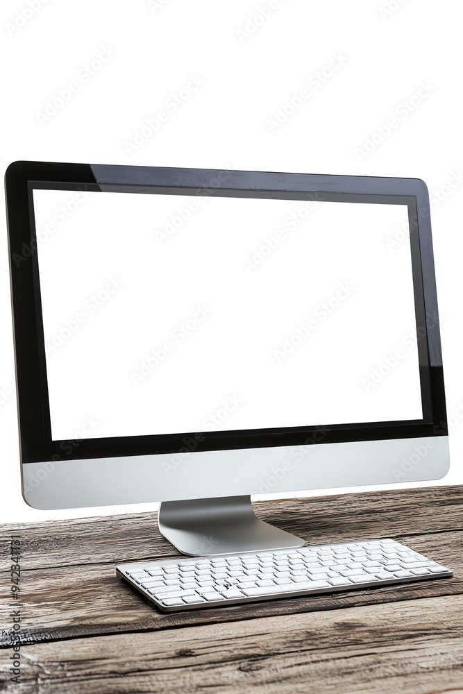 Modern desktop computer with a blank screen on a wooden table, isolated on white background, ideal for technology and business content. Modern desktop computer with a blank screen on a wooden table, isolated on white background, ideal for technology and business content.