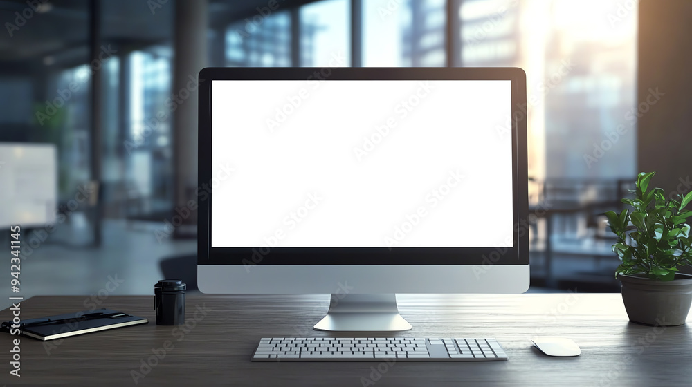 Modern desktop computer with a blank screen on a wooden desk in an office with large windows and natural light. Modern desktop computer with a blank screen on a wooden desk in an office with large windows and natural light.