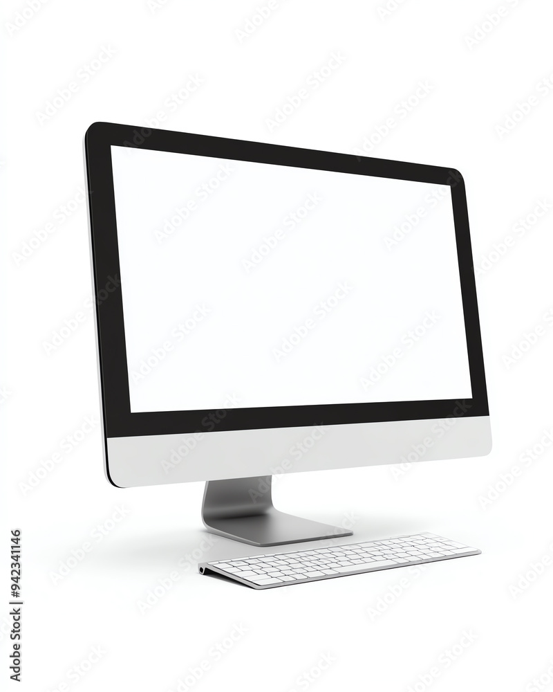 Modern desktop computer with a blank white screen and a wireless keyboard, isolated on a white background. Modern desktop computer with a blank white screen and a wireless keyboard, isolated on a white background.