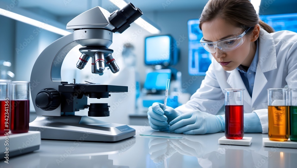 Focused female scientist analyzes colorful liquid samples in a modern laboratory, showcasing advanced research in science and technology. Focused female scientist analyzes colorful liquid samples in a modern laboratory, showcasing advanced research in science and technology.