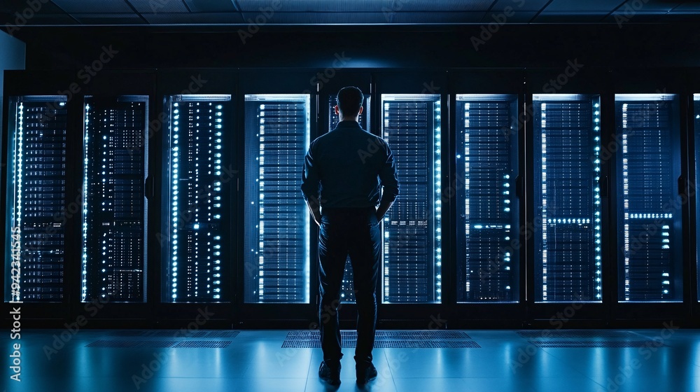 Programmer standing in front of servers in a clean, minimalistic setup ...