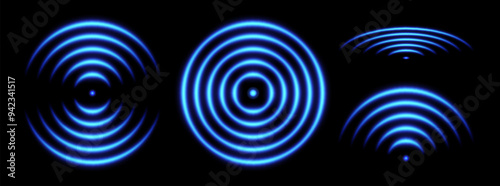 Sonic wave light effect, wireless network signal icons, glowing scanning concept. Sensor or echo neon effects. Vector illustration.
