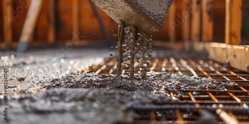 Close up Shot of Pouring Concrete for Interfloor Slab Reinforcement Frame with Shallow Depth of Field