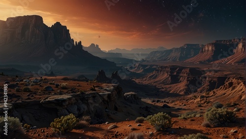 Incredibly colossal planet in the sky above the canyon, landscaper
