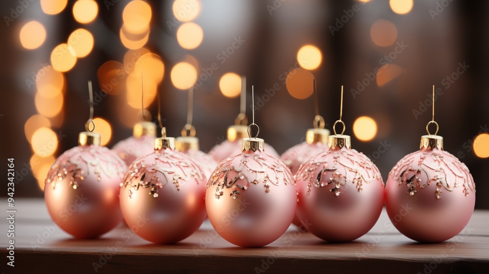Seasonal Baubels. Premium Pastel Pink and Gold Christmas Background. Seasonal Baubels. Premium Pastel Pink and Gold Christmas Background.