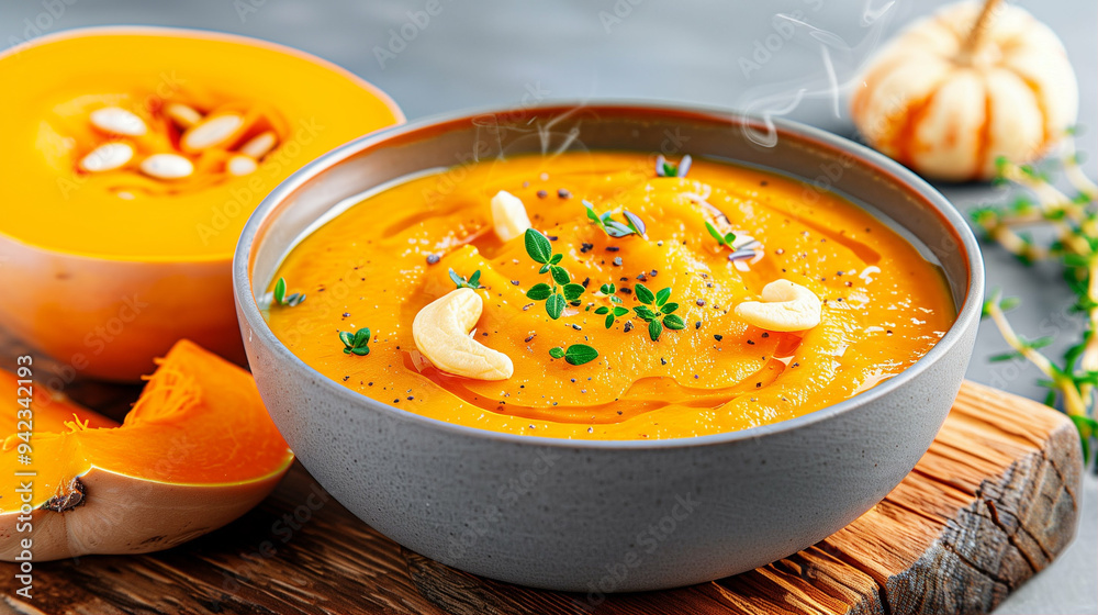 Pumpkin soup in a bowl topped with herbs and nuts on wooden board with fresh pumpkin Pumpkin soup in a bowl topped with herbs and nuts on wooden board with fresh pumpkin