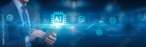 Hand holding a tablet with a global network connection, symbolizing technology and futuristic innovations powered by Artificial Intelligence (AI), showcasing a connected world of smart solutions .