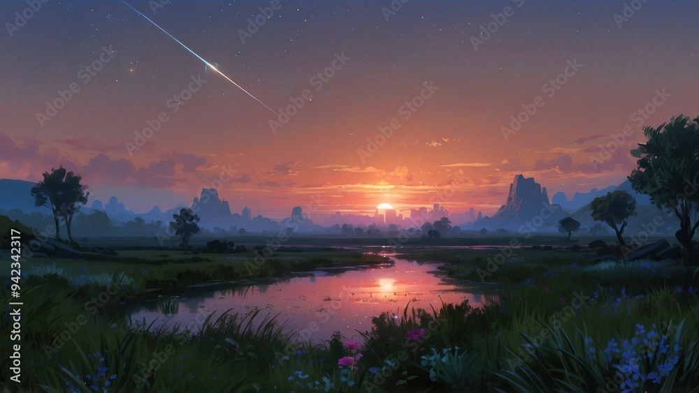 Obraz premium Panoramic wallpaper wonderful landscape meadows and cosmic sky