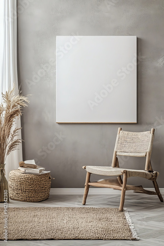 Modern minimalistic living room with a wooden chair, blank canvas on the wall, and cozy decor. Perfect for art and interior design inspiration.