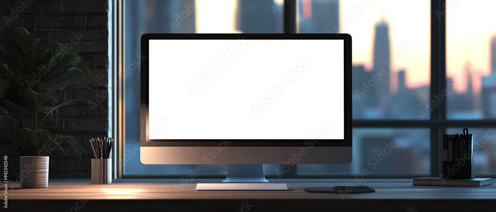 Fototapeta premium Modern office setup with a blank computer screen, large window view of city skyline at sunset. Ideal for design, tech, or business theme.