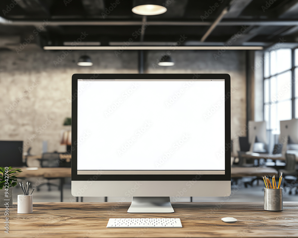 Modern open office space with a desktop computer on a wooden desk and industrial-style interior design elements. Modern open office space with a desktop computer on a wooden desk and industrial-style interior design elements.