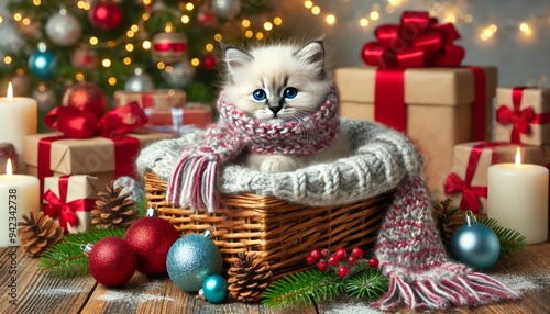 Fluffy kitten with blue eyes sitting in a cozy basket and ornaments near a festive Christmas tree.