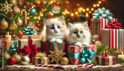 Two kittens sitting on wrapped Christmas gifts surrounded by festive decorations, ornaments, and a Christmas tree.