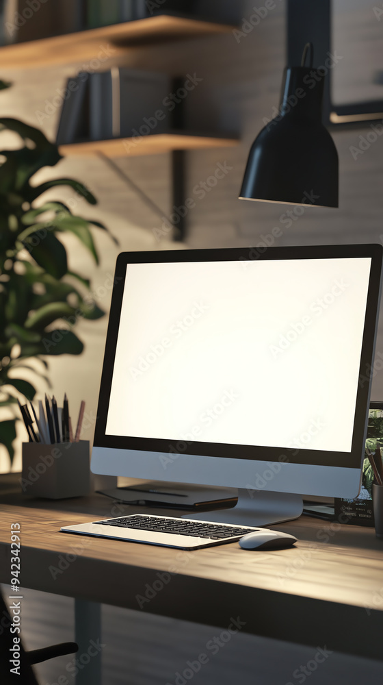 Modern workspace with a blank computer screen, keyboard, and office supplies on a wooden desk. Ideal for productivity and creativity shots. Modern workspace with a blank computer screen, keyboard, and office supplies on a wooden desk. Ideal for productivity and creativity shots.