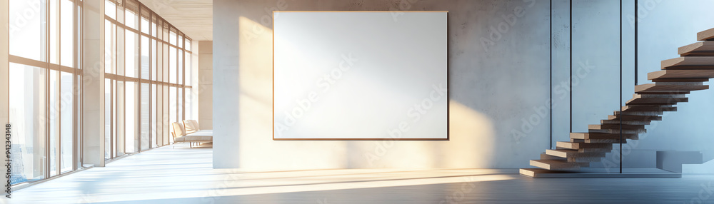 Spacious modern interior with large windows, a blank canvas on the wall, and a floating staircase, illuminated by natural light. Spacious modern interior with large windows, a blank canvas on the wall, and a floating staircase, illuminated by natural light.