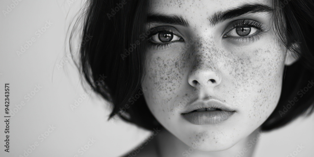 Fototapeta premium Close-up Portrait of a Freckled Woman with Intense Gaze in Black and White