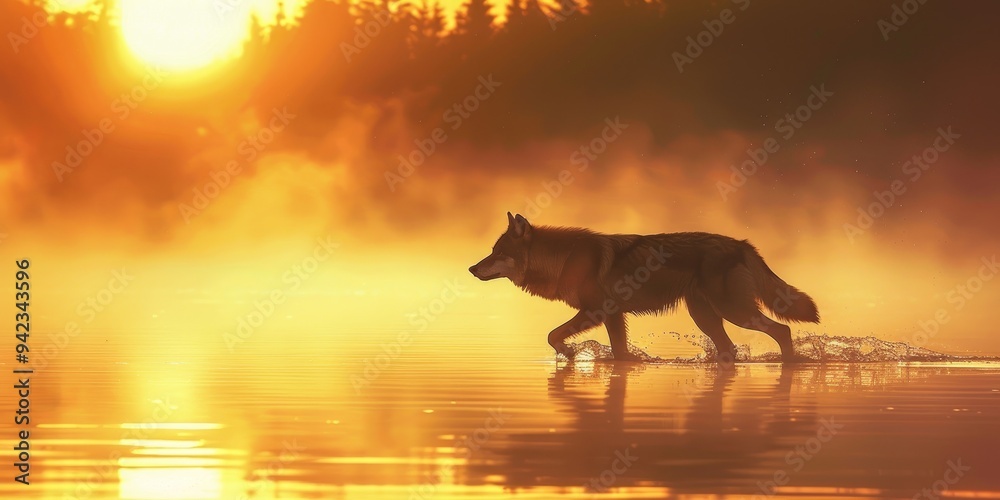 Grey Wolf Navigating a Misty River at Dawn Grey Wolf Navigating a Misty River at Dawn