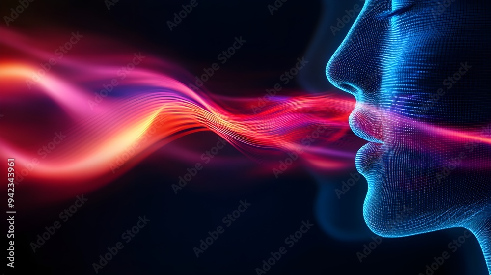 Double exposure of soundwaves and a human face, abstract representation of AI-powered security technology, blending digital and organic elements Double exposure of soundwaves and a human face, abstract representation of AI-powered security technology, blending digital and organic elements