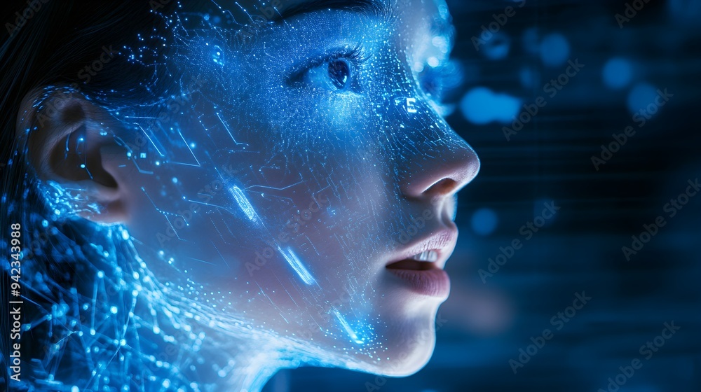 Robotic face with AI soundwaves in double exposure, symbolizing advanced technology's interaction with human speech, ethereal light effects, futuristic setting Robotic face with AI soundwaves in double exposure, symbolizing advanced technology's interaction with human speech, ethereal light effects, futuristic setting