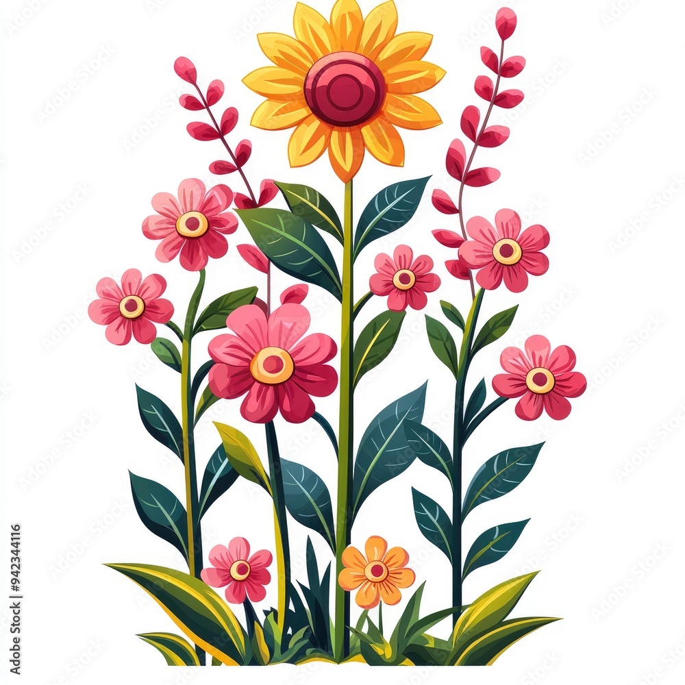 Blooming Sunflower and Pink Flowers