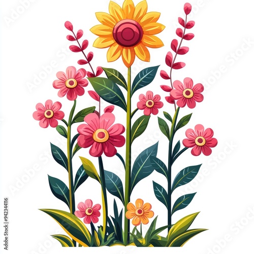 Blooming Sunflower and Pink Flowers