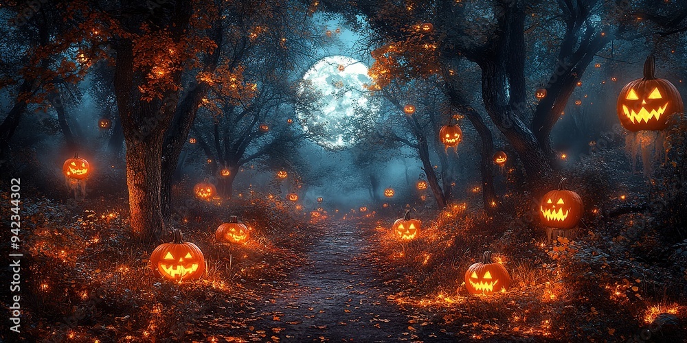 Halloween theme with pumpkins and dark forest. Scary Halloween design on table. Jack-o-lantern on the dark forest Halloween theme with pumpkins and dark forest. Scary Halloween design on table. Jack-o-lantern on the dark forest